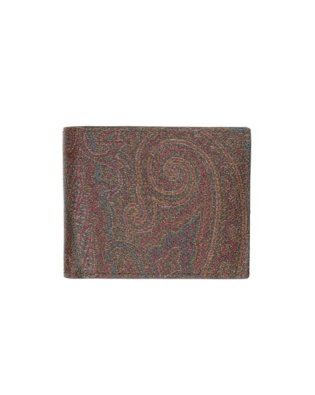 Shop ETRO  Portafoglio: Etro wallet made in the iconic Paisley jacquard fabric.
Dimensions: 12.5 x 9cm.
Paisley jacquard cotton fabric coated with matt grain and doubled in canvas.
Inside: 100% calf leather.
Lining: 100% nylon.
Compartment for paper money.
Three card slots.
Three flat pockets.
Flap coin purse with snap button.
Made in Italy.. 0N371 8207-0600